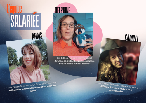 Les salariées : Delphine, directrice, Camille, référente Adulte et communication, Anaïs, référente BD&Jeunesse et accueils de classes