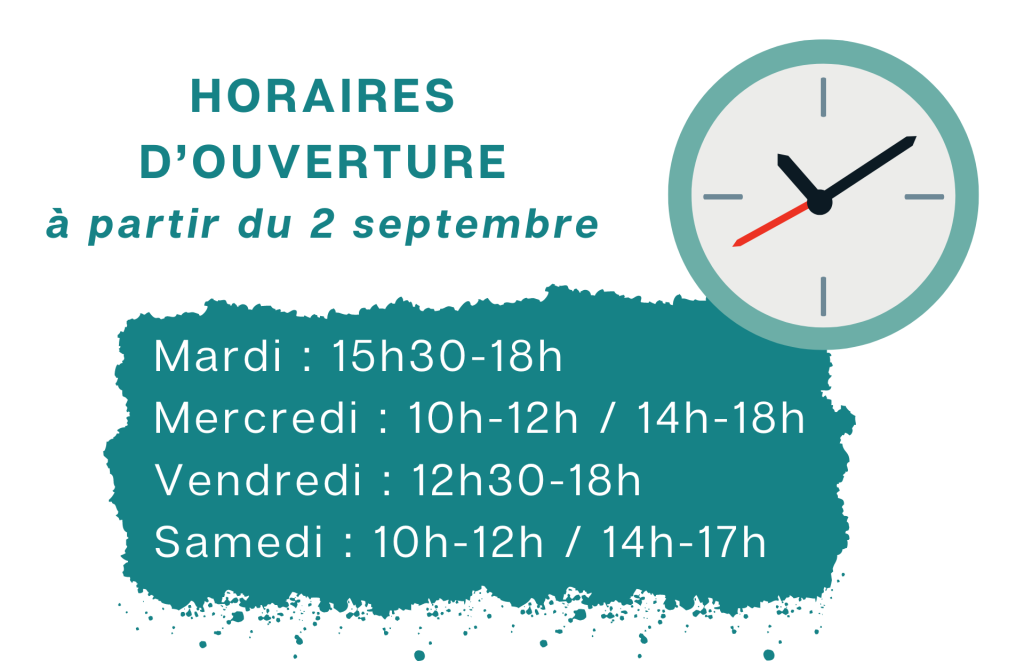 Affiche avec une pendule et les horaires d'ouverture de la médiathèque