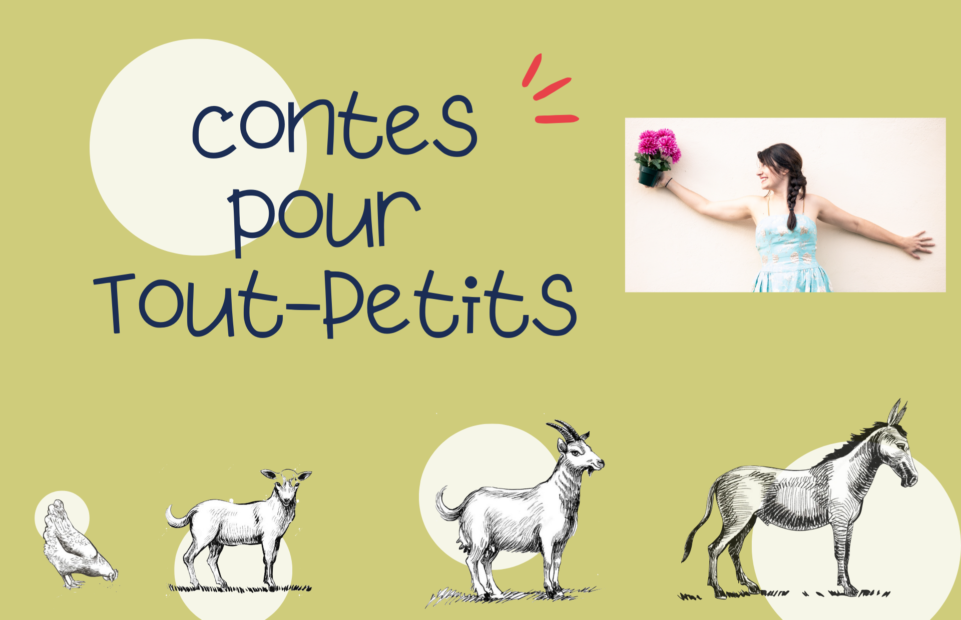 Affiche avec 4 animaux et la photo de la conteuse Solène Wolfs