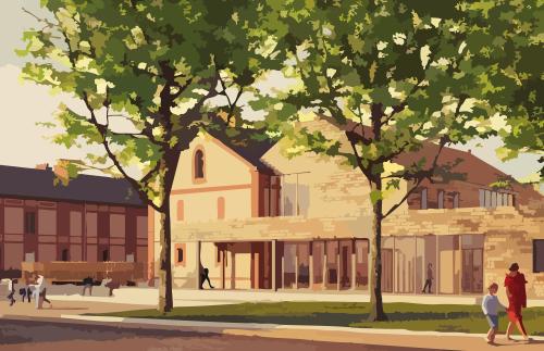 Illustration représentant la nouvelle médiathèque de Trignac avec des arbres devant