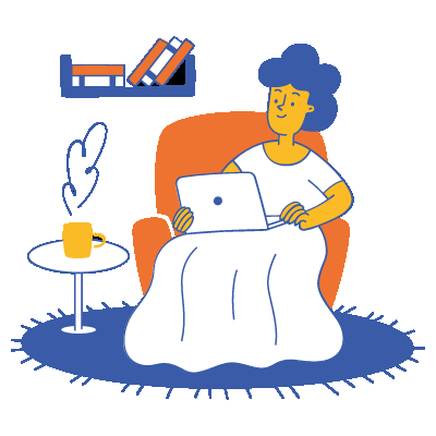 Femme assise sur une ple de livres avec un ordianateur