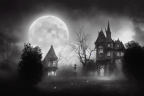 manoir avec la lune en arrière plan en noir et blanc