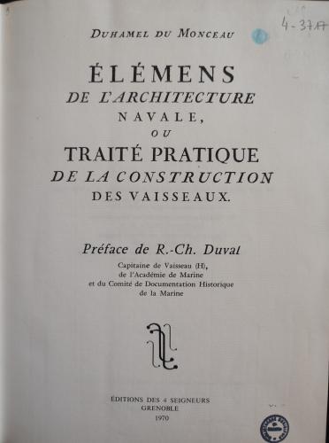Page de titre du livre Elémens de L'Architecture navale