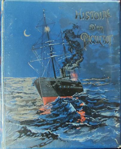Couverture de livre représentant un paquebot éclairé par la lune sur un fond bleu foncé