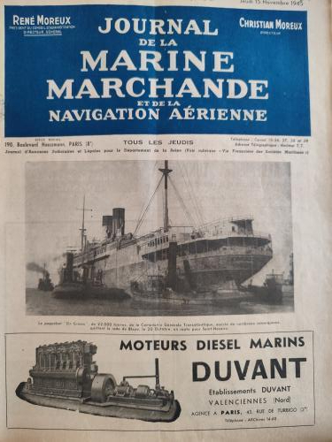 Couverture de la revue La Marine Marchande avec le titre dans un bandeau et une photo de navire